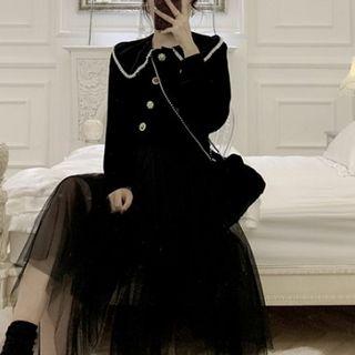 Color-block Velvet Long-sleeve Blouse / Mesh Skirt