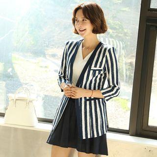 Collarless Stripe Mesh-trim Blazer
