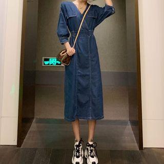 Denim Elbow-sleeve Midi A-line Dress Blue - One Size