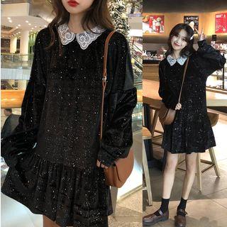 Lace Collar Glitter Ruffle-hem Pullover Dress