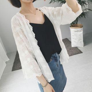 Lace-trim Floral Embroidered Chiffon Cardigan White - One Size