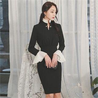 Contrast-ruffle Faux-pearl Trim Dress