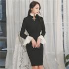 Contrast-ruffle Faux-pearl Trim Dress