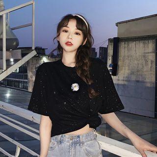Elbow-sleeve Floral Embroidered Glitter T-shirt