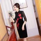 3/4-sleeve Lace Panel Cheongsam Style Dress