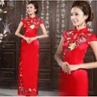Cap-sleeve Flower Embroidered Long Cheongsam