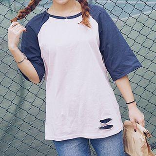Ripped Raglan 3/4-sleeve T-shirt