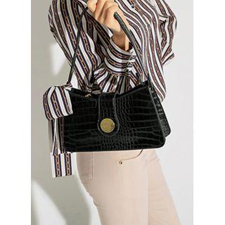 Metallic-detail Croc-grain Shoulder Bag Black - One Size