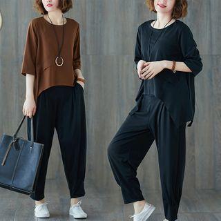 Set : Plain Asymmetrical Semi Sleeve T Shirt + Cropped Pants