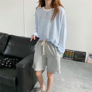 Long-sleeve Striped T-shirt / High-waist Drawstring Plain Shorts