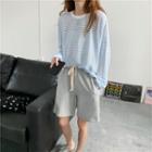 Long-sleeve Striped T-shirt / High-waist Drawstring Plain Shorts