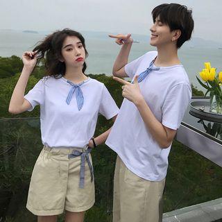 Couple Matching Tie Neck Short-sleeve T-shirt / Cropped Pants / Shorts