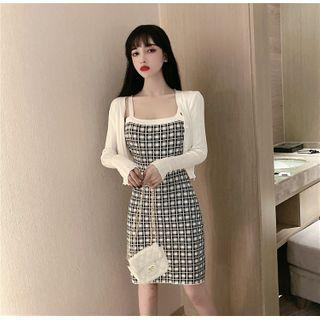 Set: Plain Cardigan + Plaid Spaghetti Strap Sheath Dress