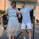Women Set: Lettering T-shirt Dress + Mesh Skirt / Men Short-sleeve T-shirt