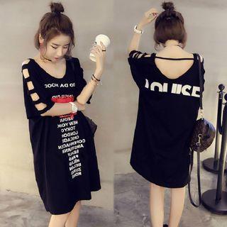Lettering Elbow-sleeve Cut Out T-shirt Tunic