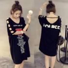 Lettering Elbow-sleeve Cut Out T-shirt Tunic