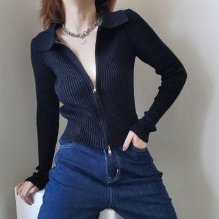 Plain Striped Zip Long-sleeve Cardigan