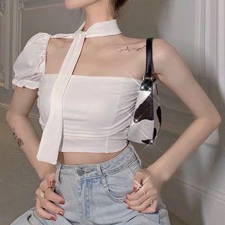 Off-shoulder Puff-sleeve Crop Blouse White - One Size