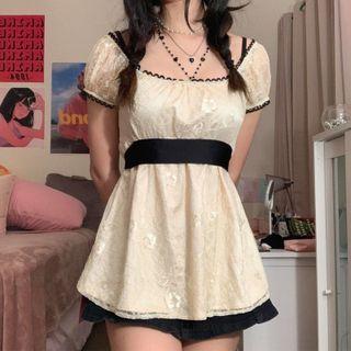 Square Neck Lace Trim Short Sleeve A-line Dress