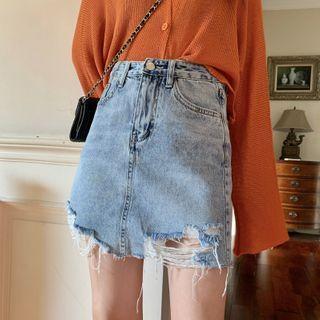 Washed Distressed Denim A-line Mini Skirt