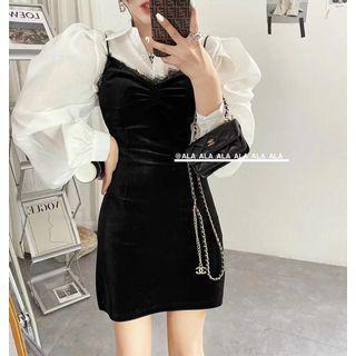 Puff-sleeve Shirt / Lace Trim Velvet Mini Sheath Overall Dress