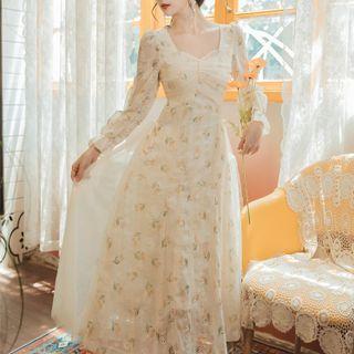 Long-sleeve Floral Mesh A-line Dress
