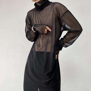 Long-sleeve High Neck Mesh Top
