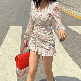 Square-neck Shirred Floral Minidress