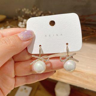 Rhinestone Knot Faux Pearl Dangle Earring 1 Pair - Gold & White - One Size