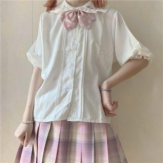 Short-sleeve Rabbit Embroidered Dotted Bow Blouse Without Bow - White - One Size