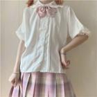 Short-sleeve Rabbit Embroidered Dotted Bow Blouse Without Bow - White - One Size