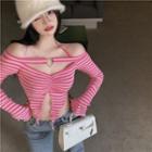 Long-sleeve Striped Top Stripe - Pink - One Size