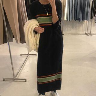 Long-sleeve Color Panel Striped Knit Long Dress Navy Blue - One Size