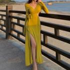 Long-sleeve Cutout Tie-waist Slit Midi A-line Dress Yellow - One Size