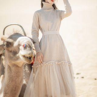 Tassel Detail Turtleneck Long-sleeve Midi Knit Dress Almond - One Size