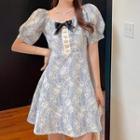 Puff-sleeve Bow-accent Lace Mini A-line Dress