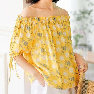 Flower Print Off-shoulder Elbow-sleeve Blouse