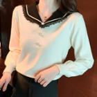 Long-sleeve Peter Pan Collar Lace Trim Knit Top
