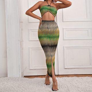 Set: Striped Cropped Halter Top + Slit Maxi Pencil Skirt