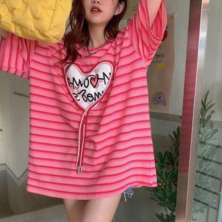 3/4-sleeve Striped Lettering T-shirt Stripe - Pink - One Size