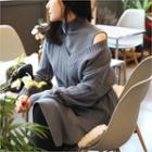 Set: V-neck Knit Sweater + Turtle-neck Sleeveless Knit Dress Dark Gray - One Size