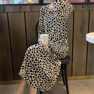 Long-sleeve Heart Patterned Pleated Midi Dress As Shown In Figure - One Size