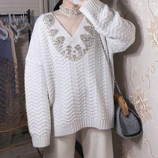 V-neck Beaded Sweater Light Gray - One Size