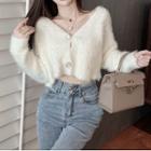 Plain V-neck Cropped Long-sleeve Cardigan