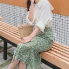 Plain Blouse / Flower Print Ruffle Hem Midi Pencil Skirt