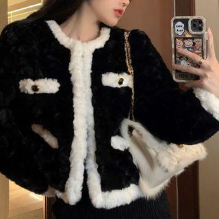 Contrast Trim Fluffy Jacket Black - One Size