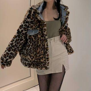 Leopard Print Fleece Panel Denim Jacket
