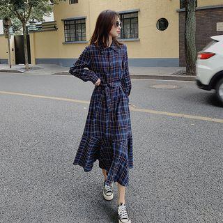 Plaid Single-breasted Tie-waist Maxi Dress