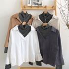 Mock Two-piece Turtle-neck Striped Panel Faux Suede Long-sleeve Blouse
