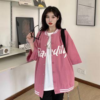 3/4-sleeve Lettering Baseball Jacket